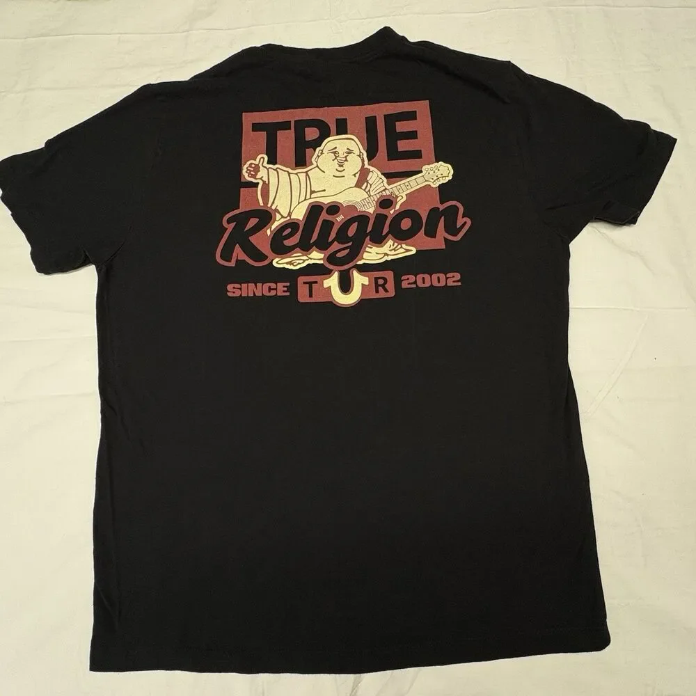 True Religion Mens XL Black T-Shirt Red Horseshoe Logo Cotton Crew Neck Tee
